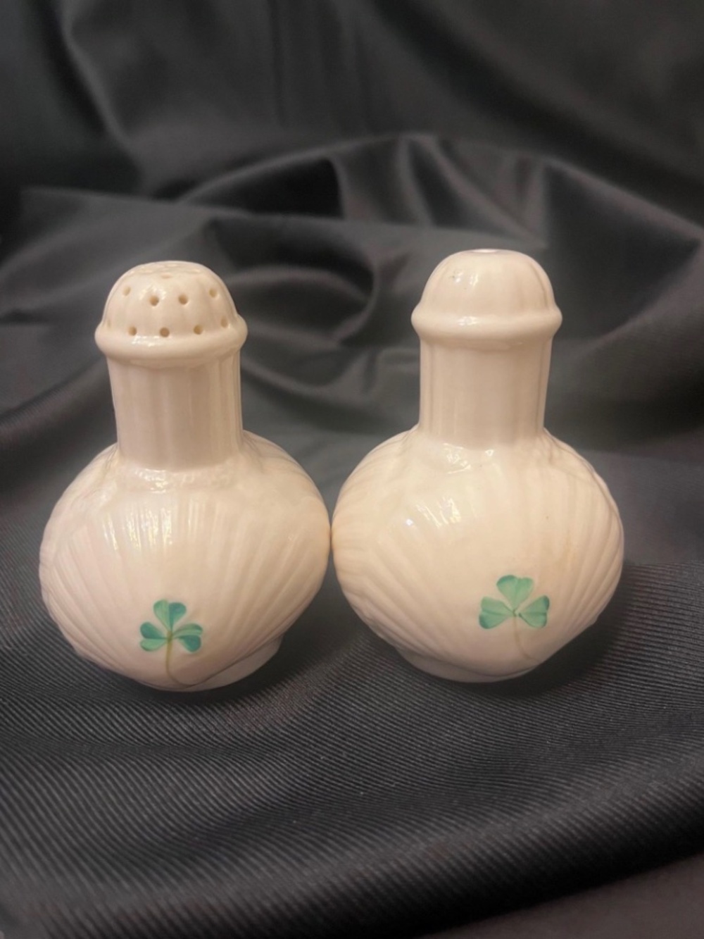 Vintage Salt & Pepper Shakers Set / Harp Shamrock by BELLEEK POTTERY (IRELAND)